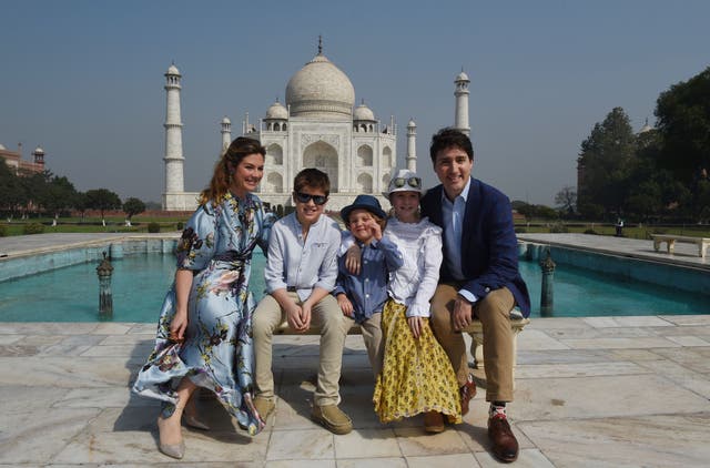 <p>File Prime minister Justin Trudeau, his wife Sophie Gregoire and their children pose for a photograph during their visit to Taj Mahal in Agra on 18 February 2018</p>