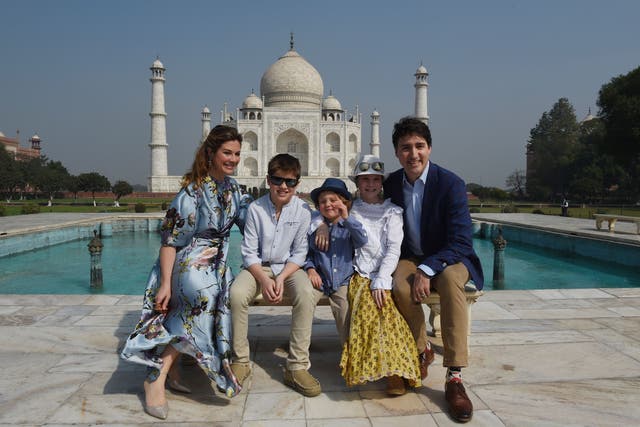 <p>File Prime minister Justin Trudeau, his wife Sophie Gregoire and their children pose for a photograph during their visit to Taj Mahal in Agra on 18 February 2018</p>