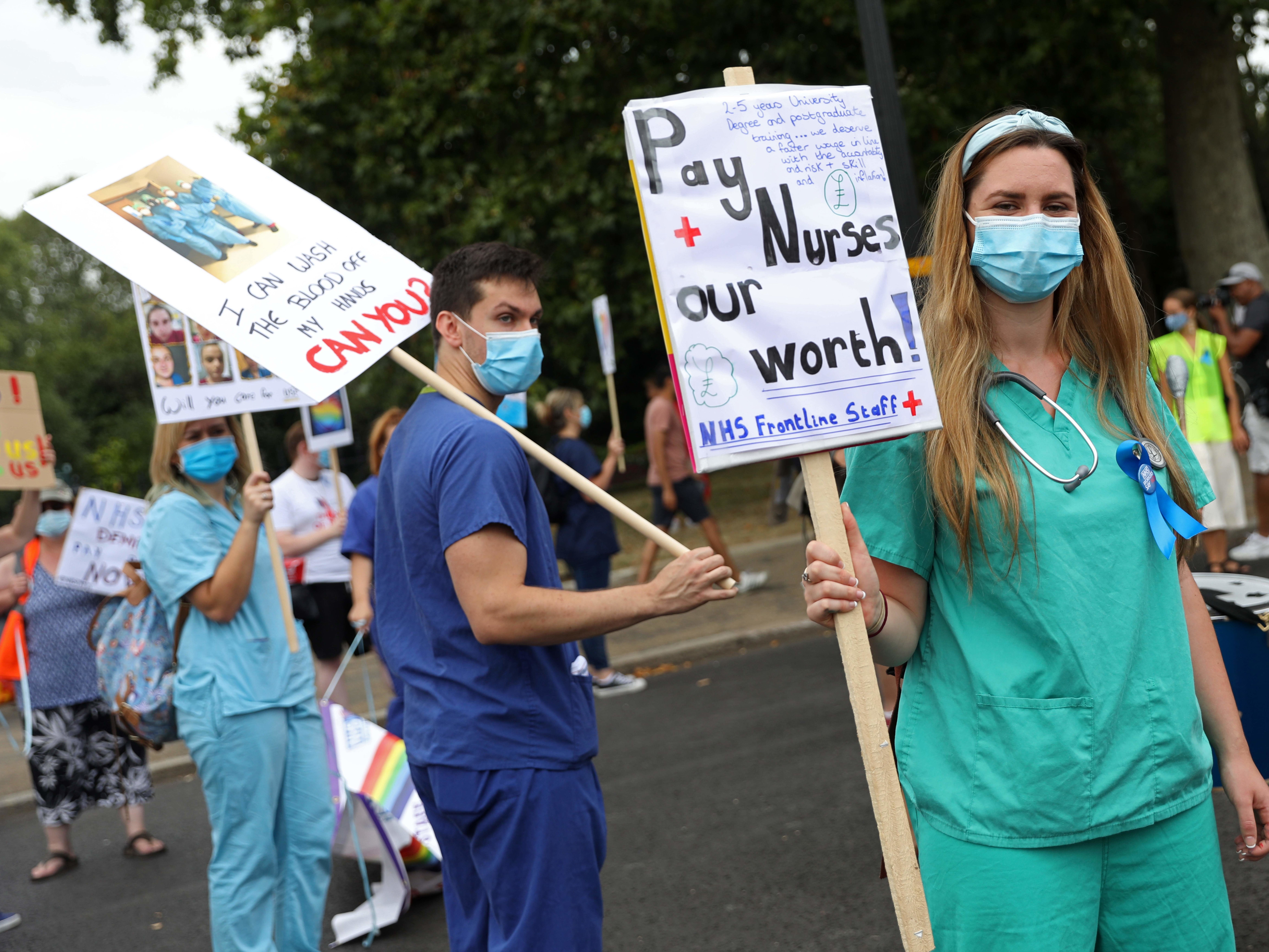 NHS workers demand pay increases at a protest in London, 2020