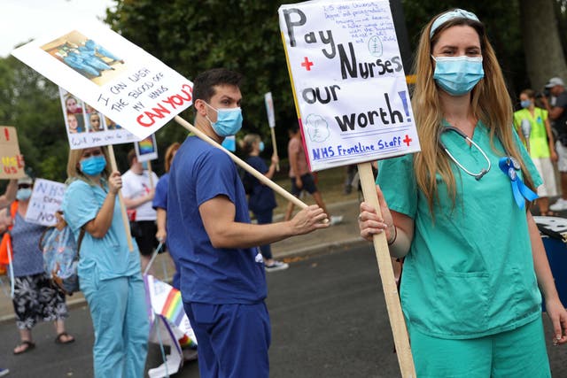 <p>NHS workers demand pay increases at a protest in London, 2020 </p>