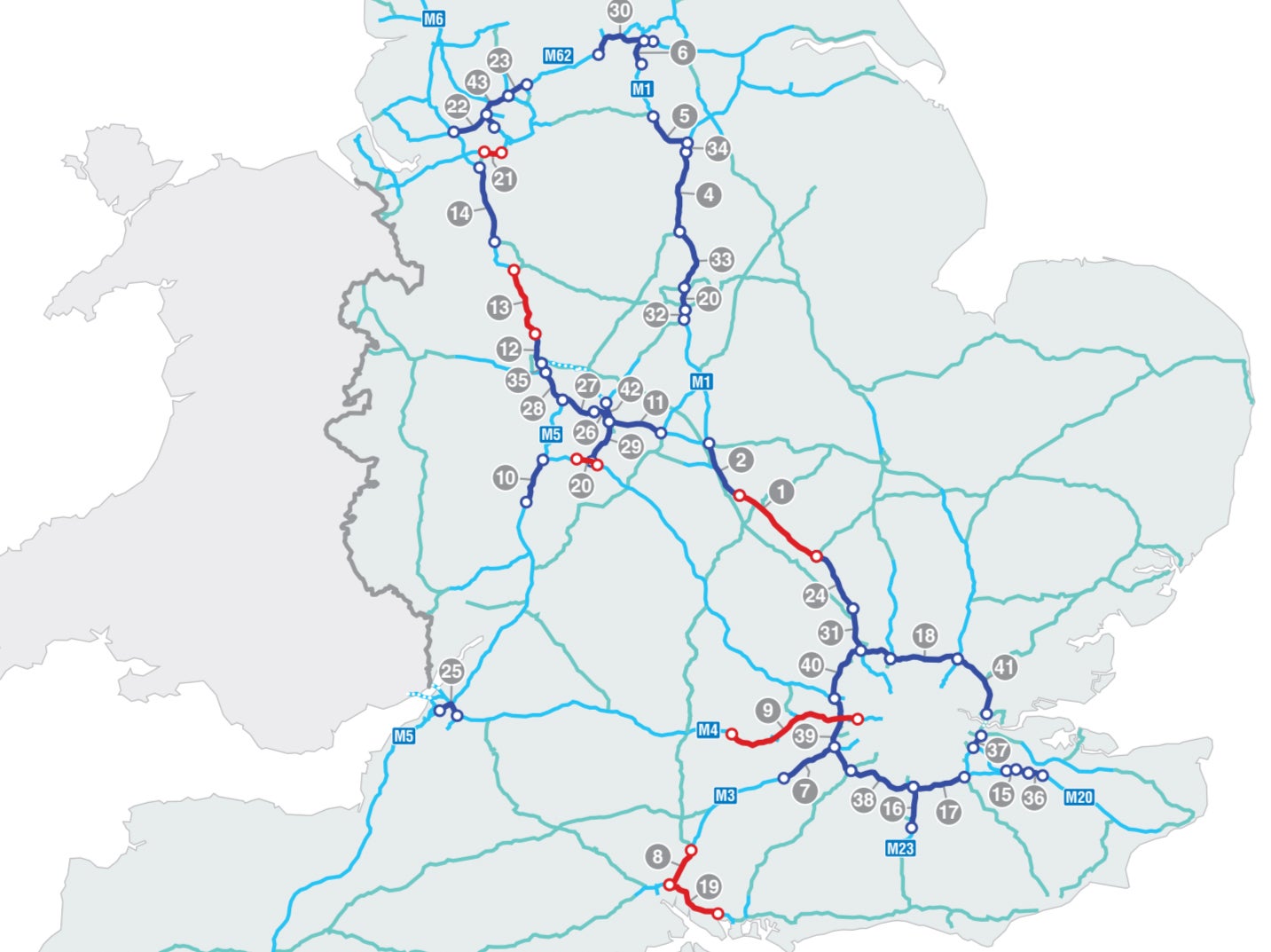 Smart moves: National Highways map from 2021 showing existing smart motorways (dark blue) and proposed stretches (red)