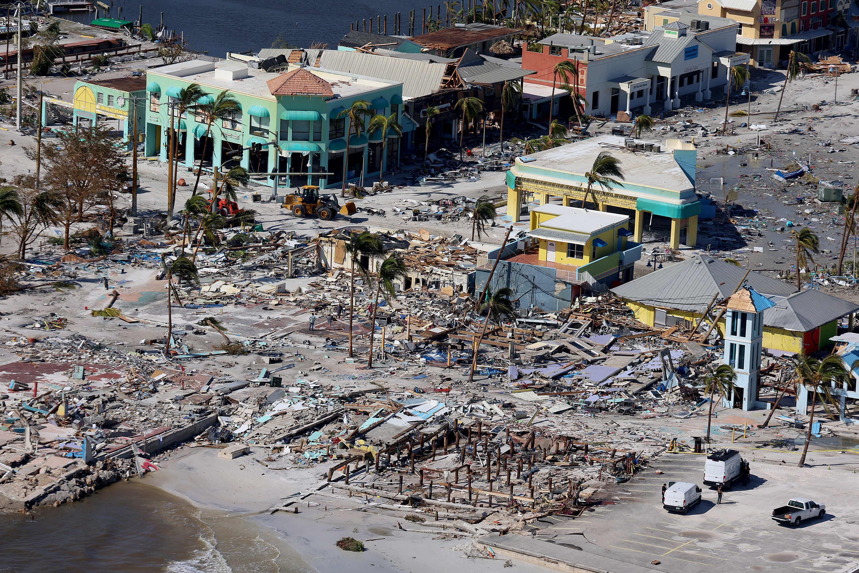 In an aerial view, damaged buildings are seen as Hurricane Ian passed through the area on September 29, 2022 in Fort Myers Beach, Florida.