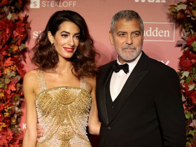 <p>Amal Clooney and George Clooney attend the Clooney Foundation For Justice Inaugural Albie Awards at New York Public Library on September 29, 2022</p>