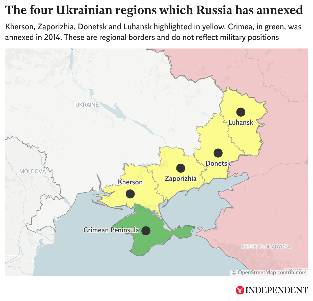 The four Ukrainian regions, in yellow, that Russia annexed in September 2022