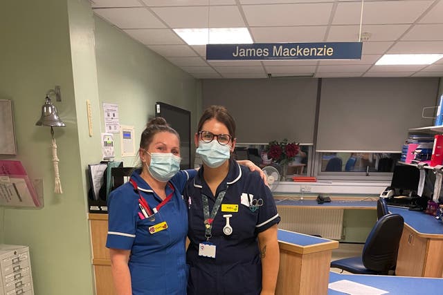 Claire Wilding, with a colleague, on the James Mckenzie cardiology ward at Basildon Hospital (Claire Wilding/BHF/PA)