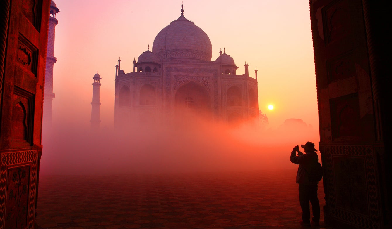 A misty sunrise at the Taj Mahal in Agra, Uttar Pradesh