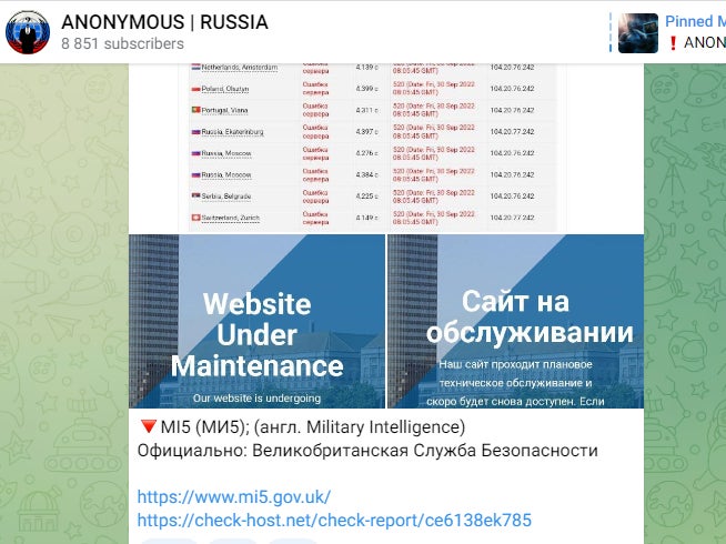 A Telegram post made by Anonymous Russia on 30 September 2022, claiming a DDoS attack that temporarily made MI5’s website unavailable