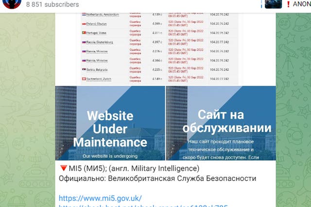 <p>A Telegram post made by Anonymous Russia on 30 September 2022, claiming a DDoS attack that temporarily made MI5’s website unavailable</p>