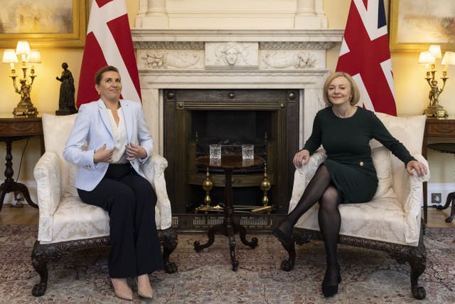Liz Truss (right) welcomes Danish PM Mette Fredriksen to Downing Street (Dan Kitwood/PA)