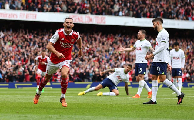 <p>Granit Xhaka celebrates scoring Arsenal’s third goal </p>