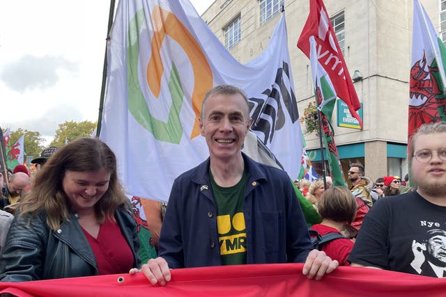 Plaid Cymru leader Adam Price was at the head of the march (Bronwen Weatherby/PA)