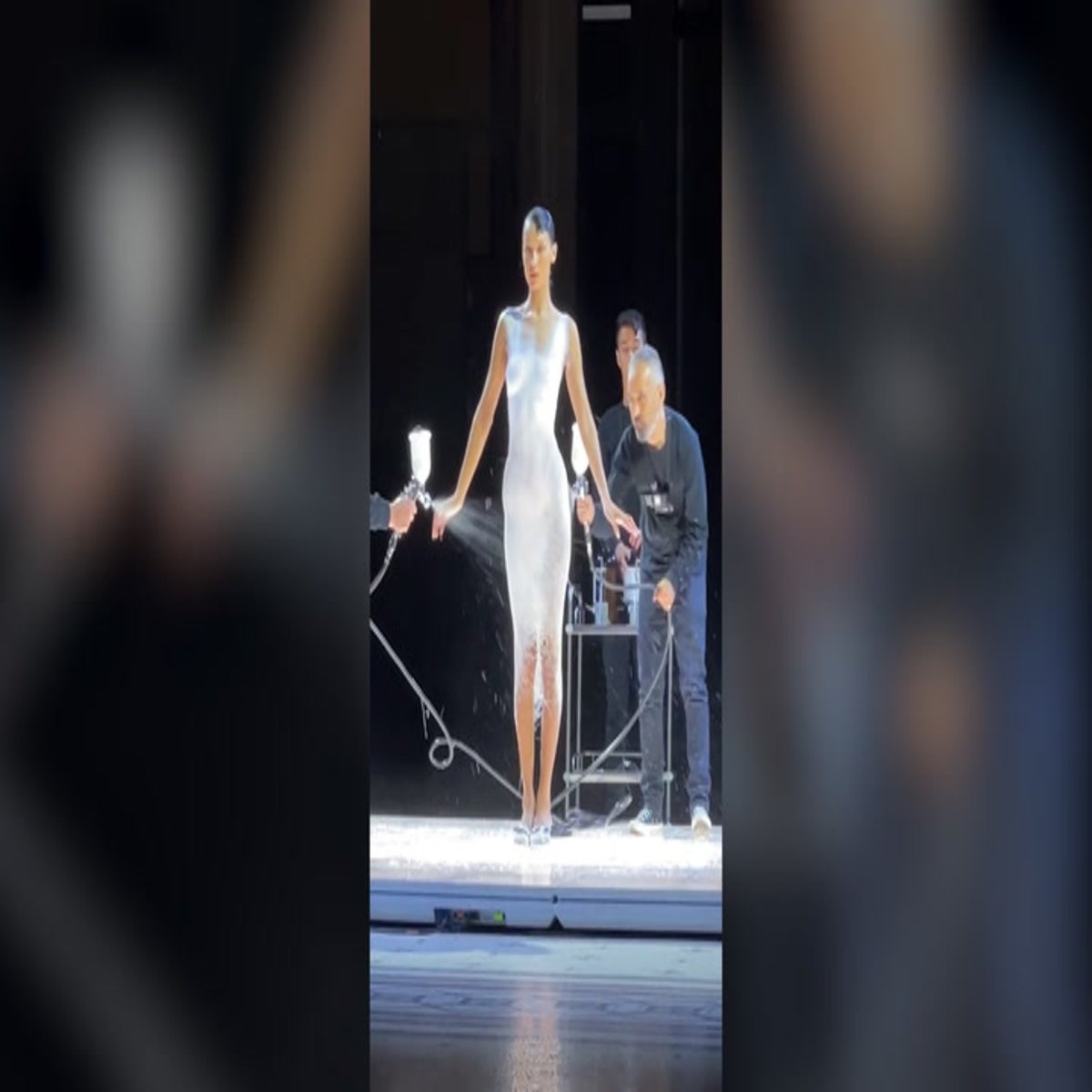 spray on dress paris fashion week Bella Hadid's Spray-Painted Dress During Fashion Show