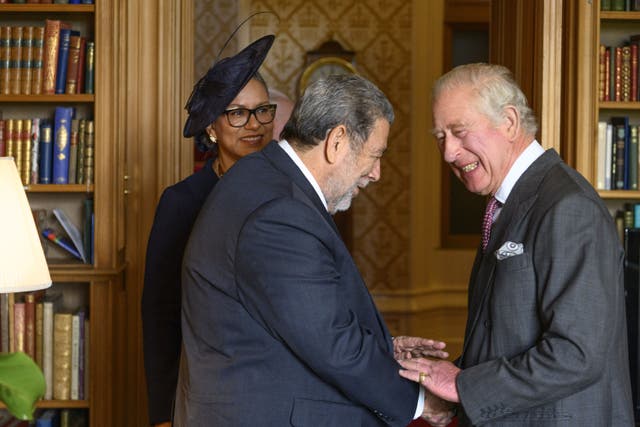 King Charles III during an audience with the Prime Minister of St Vincent and the Grenadines, Ralph Gonsalves, and Mrs Eloise Gonsalves, at Balmoral in Scotland. Picture date: Saturday October 1, 2022.