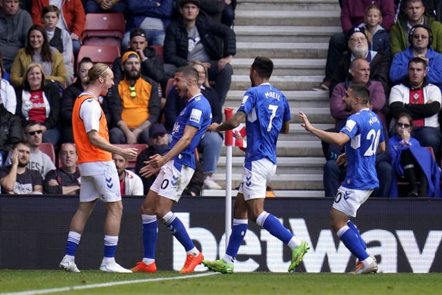 Everton’s Conor Coady (left) celebrates his equaliser (Andrew Matthews/PA)