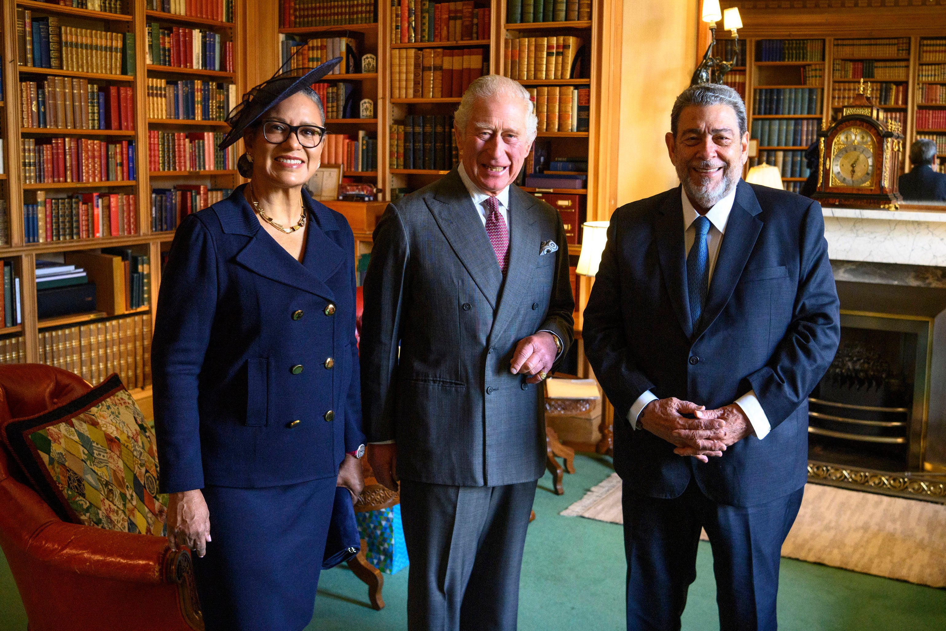 King Charles III poses during an audience with the Prime Minister of St Vincent and the Grenadines, Ralph Gonsalves, and Mrs Eloise Gonsalves, at Balmoral Castle