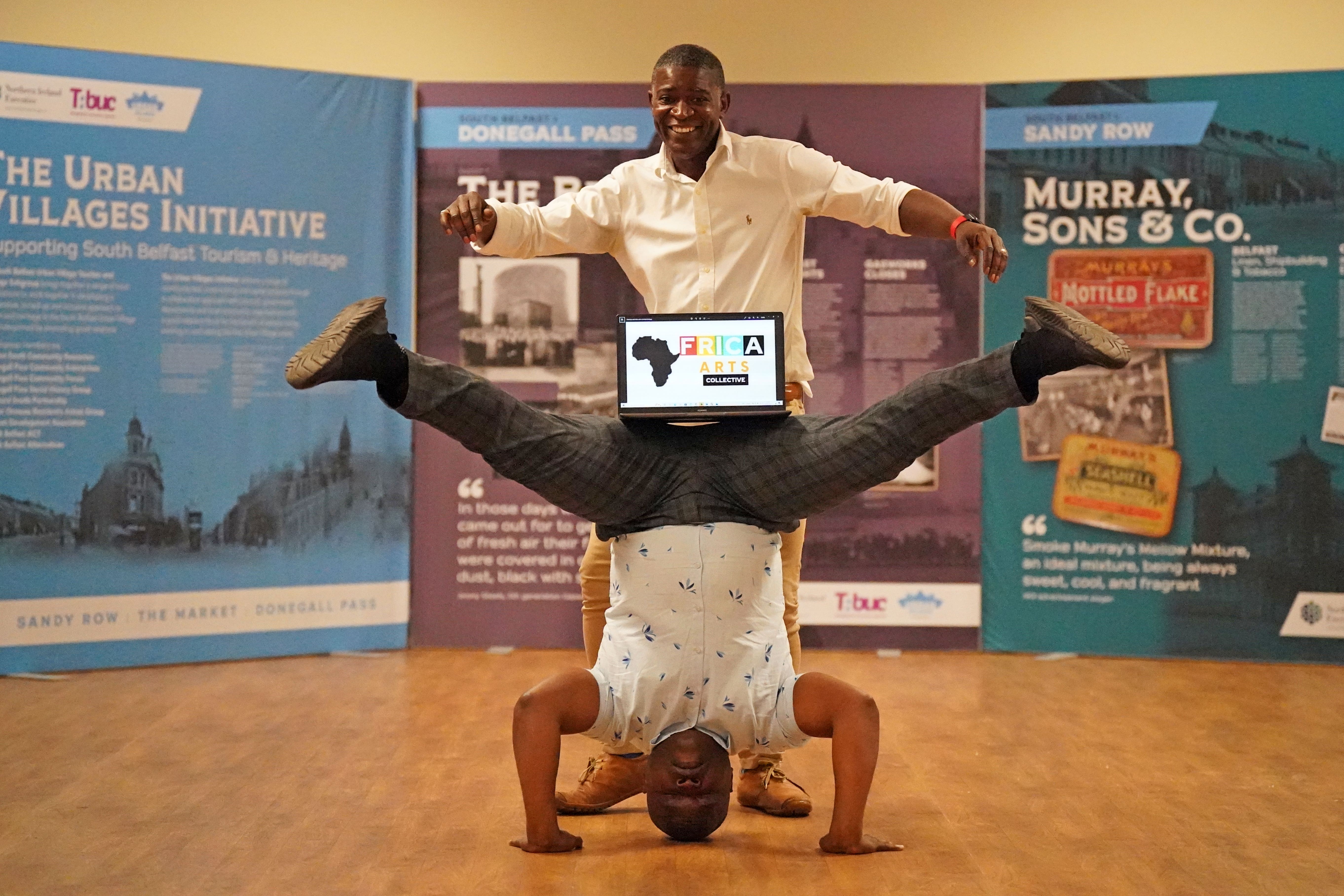 Dancer Cuthbert Tura Arutura and acrobat Rahim Saphy at the launch of the African Arts Collective in Belfast Picture date: Saturday October 1, 2022. PA Photo. See PA story ULSTER Arts . Photo credit should read: Niall Carson/PA Wire