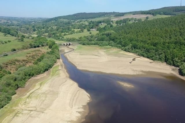 <p>Low water levels at the Lindley Wood Reservoir near Otley, West Yorkshire</p>