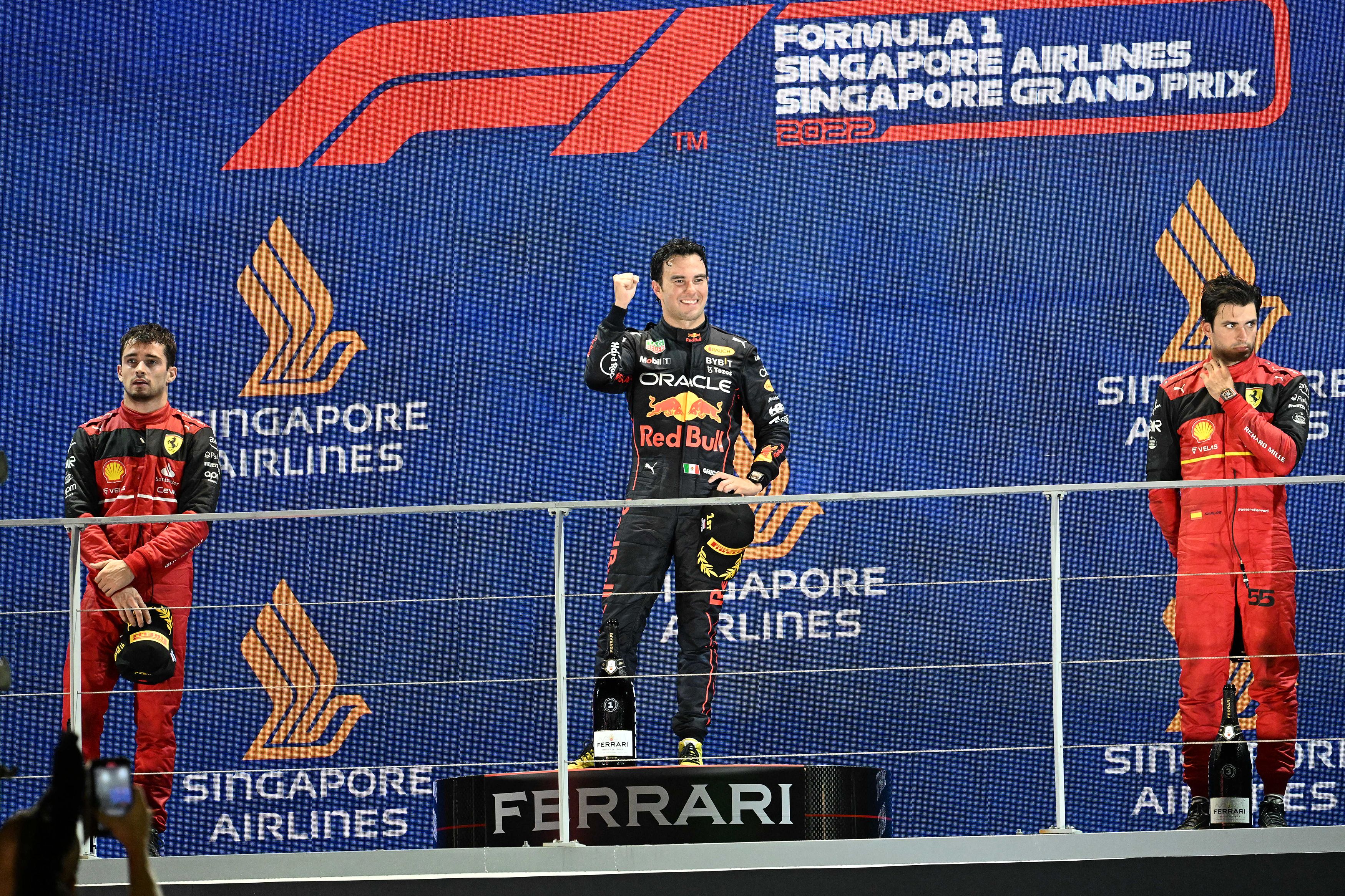 Red Bull ’s Perez took the chequered flag ahead of Charles Leclerc with his Ferrari team-mate Carlos Sainz completing the podium