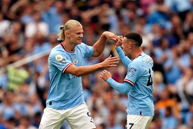 Erling Haaland and Phil Foden (right) both plundered hat-tricks in Manchester City’s 6-3 derby victory over Manchester United (Nick Potts/PA)