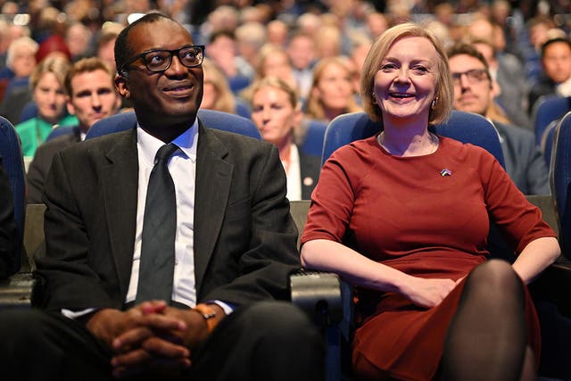 <p>Kwarteng and Liz Truss at the  Conservative Party conference </p>