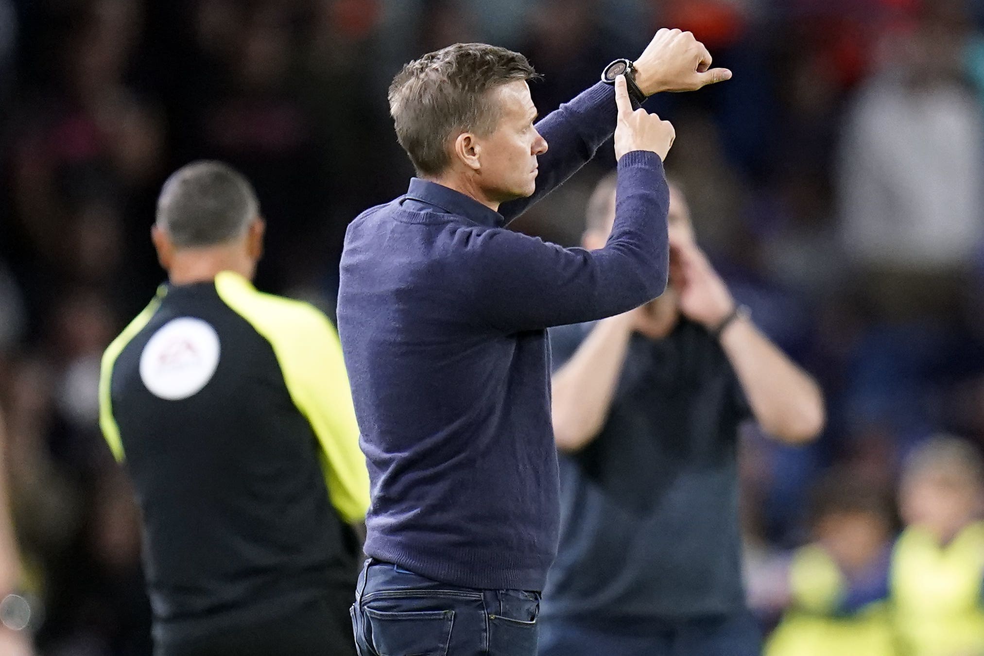 Leeds coach Jesse Marsch watched from the stands after his own recent red card