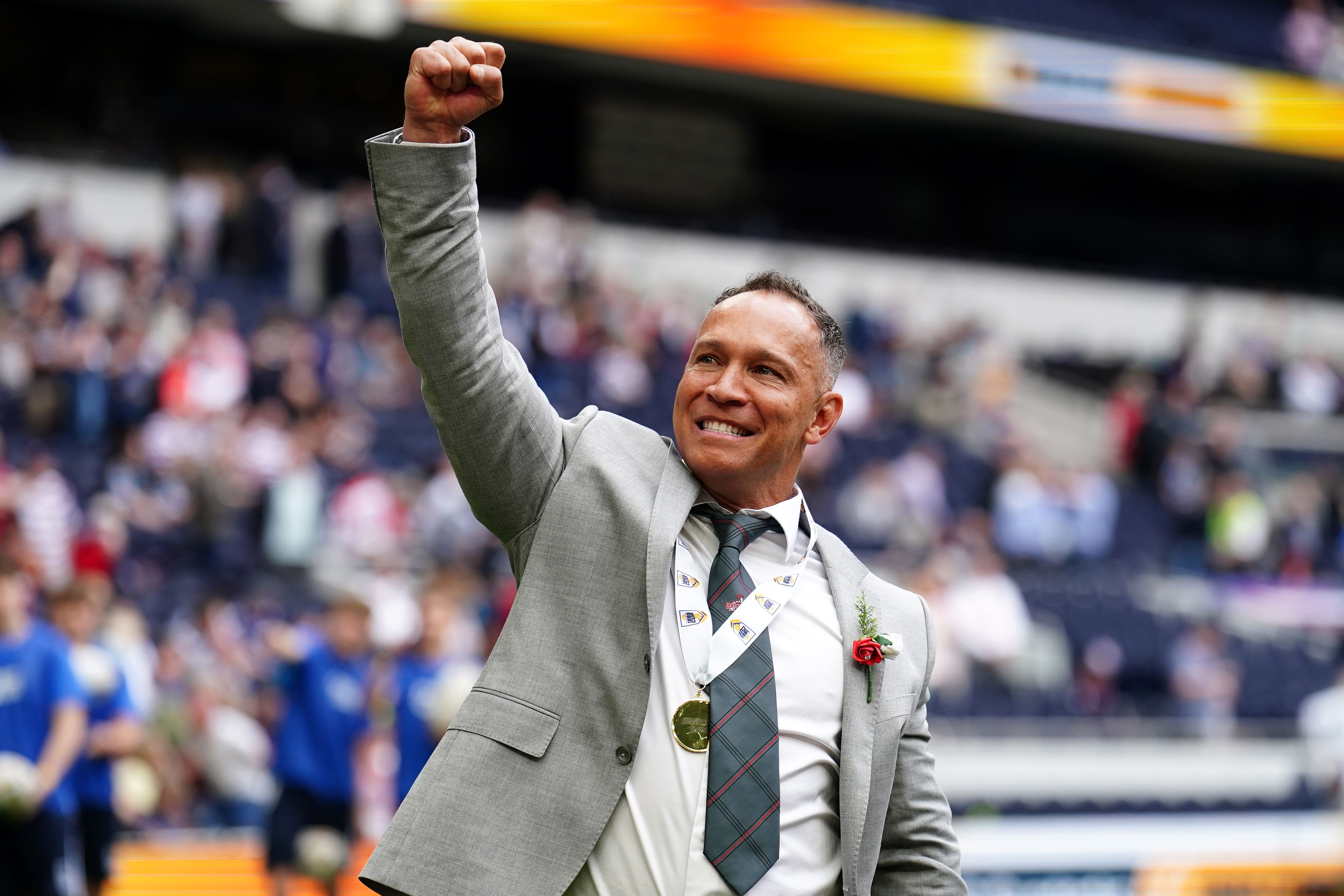 Leigh Centurions head coach Adrian Lam celebrates following the AB Sundecks 1895 Cup final at the Tottenham Hotspur Stadium, London. Picture date: Saturday May 28, 2022.