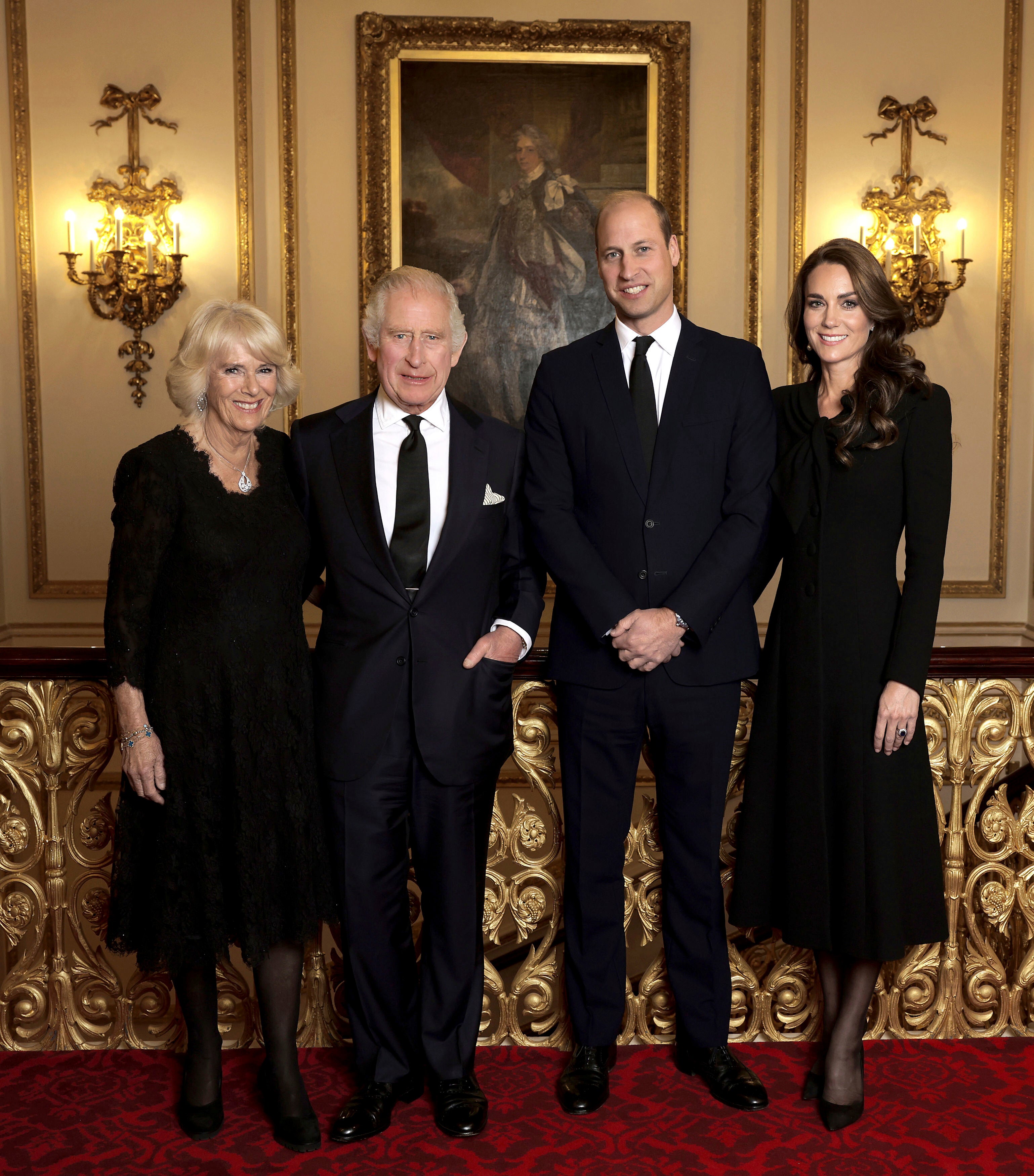 From left, Camilla, the Queen Consort, Britain's King Charles III, Prince William and Kate, Princess of Wales, pose at Buckingham Palace, London, ahead of the reception for Heads of State and Official Overseas Guests, on Sept. 18, 2022