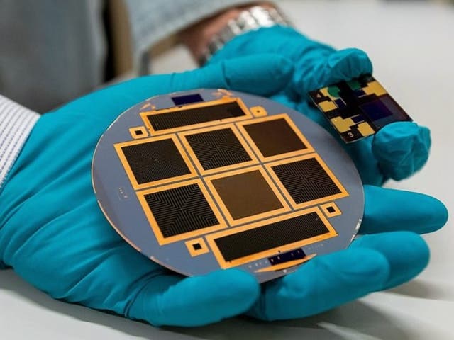 <p>A silicon solar cell and perovskite cell developed by researchers at Eindhoven University of Technology</p>