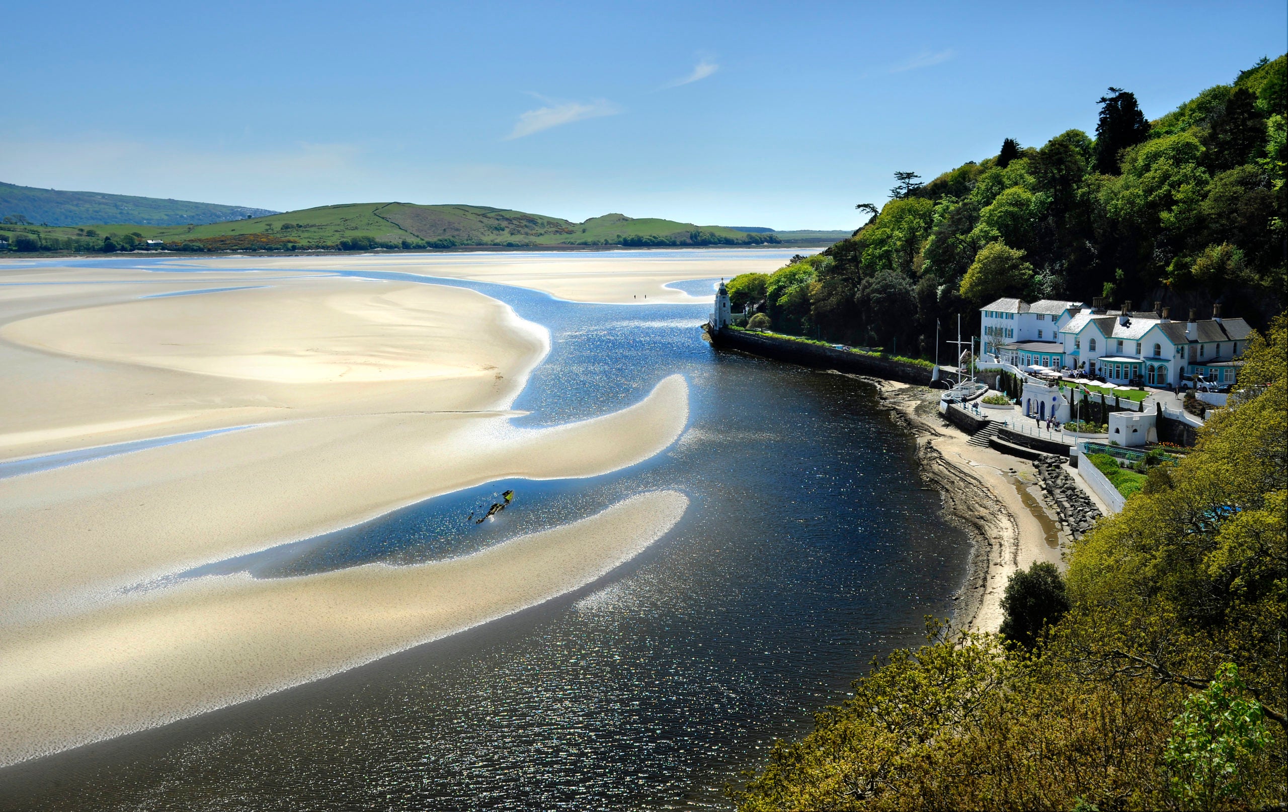 Hotel Portmeirion overlooks the golden sands of the Dwyryd estuary