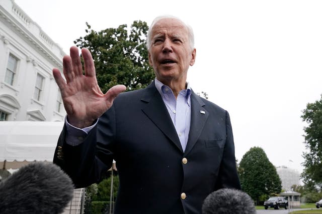 <p>President Joe Biden speaks to the media before boarding Marine One on the South Lawn of the White House, Monday, Oct. 3, 2022, for a short trip to Andrews Air Force Base, Md., and then on to Puerto Rico. (AP Photo/Andrew Harnik)</p>