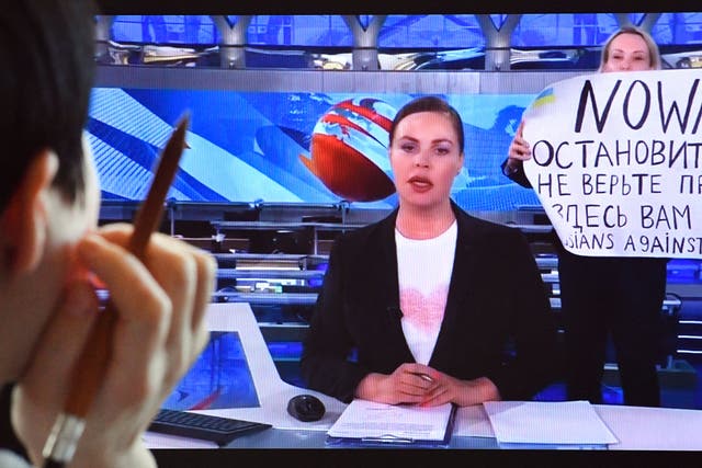 <p>Marina Ovsyannikova’s on-air protest against the Russian war in March</p>