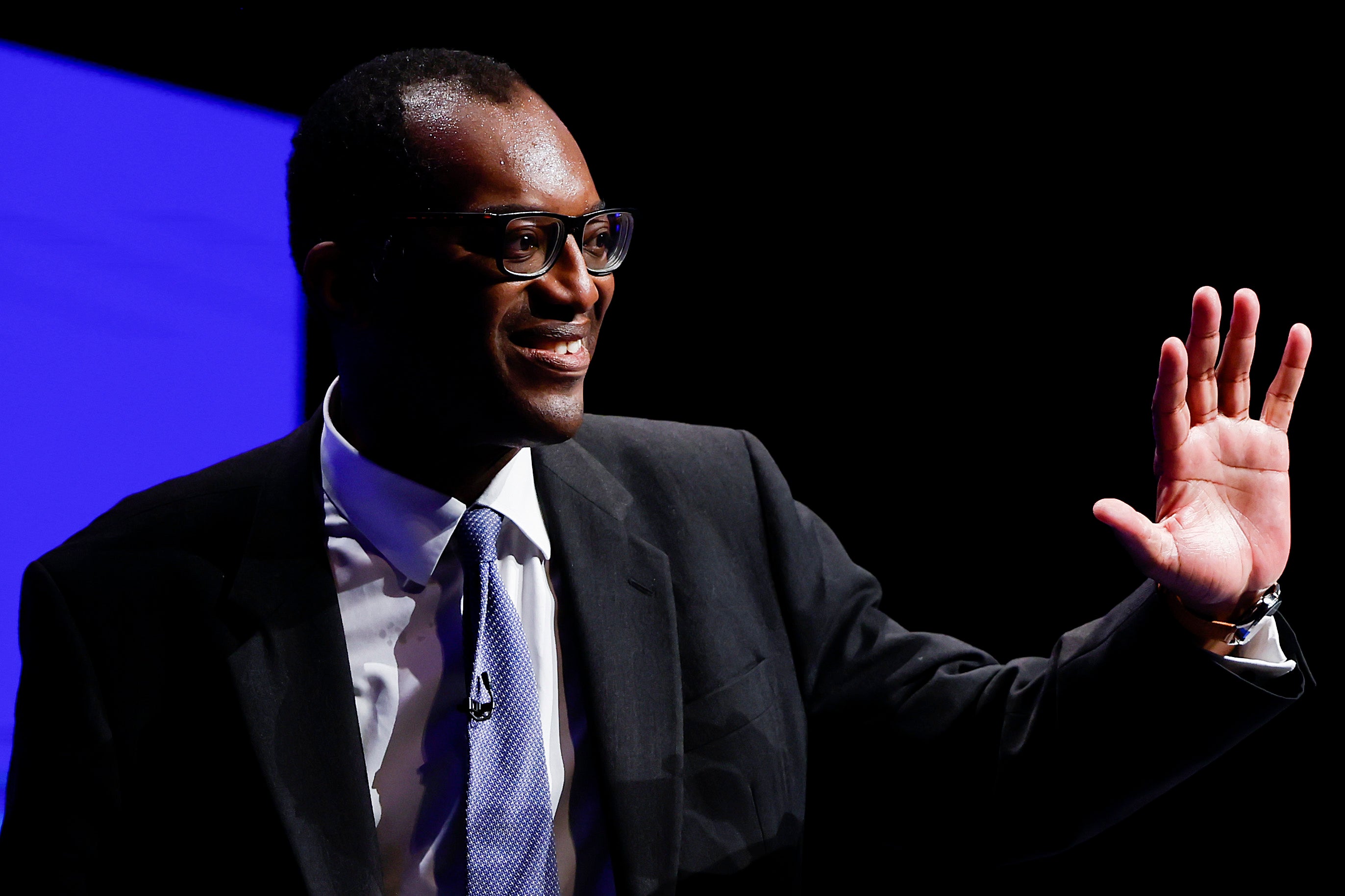 Kwasi Kwarteng after his speech at the annual Conservative Party conference in Birmingham yesterday