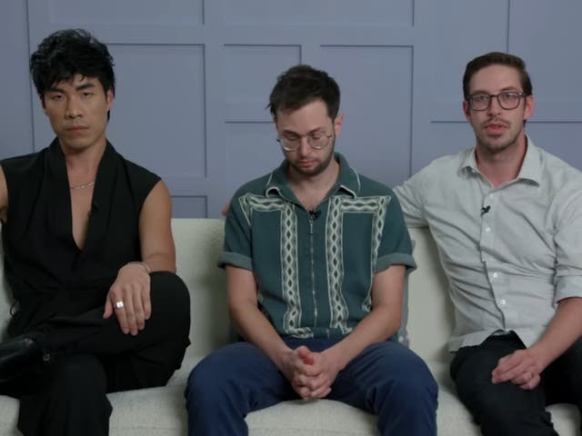 <p>(left to right), Eugene Lee Yang, Zach Komfeld and Keith Habersberger make a statement on behalf of The Try Guys</p>