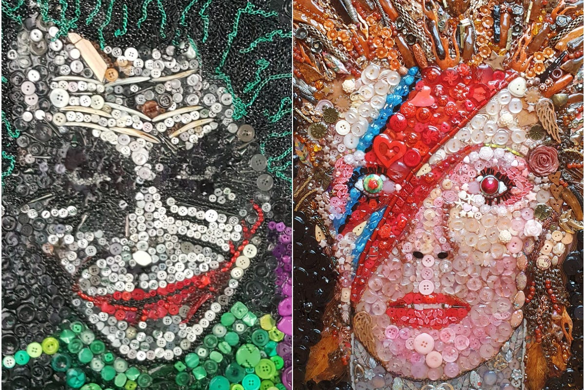 Joanne O’Neill’s button art of The Joker and David Bowie (Joanne O’Neill/PA)