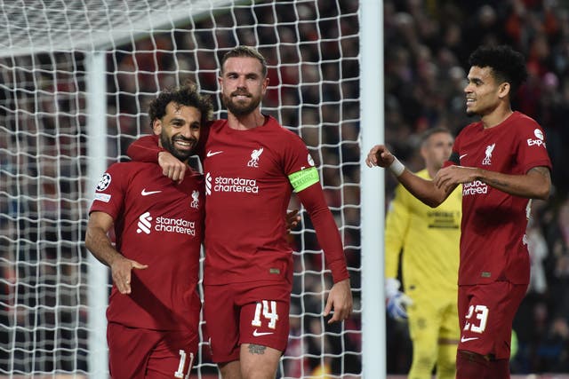 <p>Mohamed Salah celebrates after scoring the second goal against Rangers at Anfield</p>