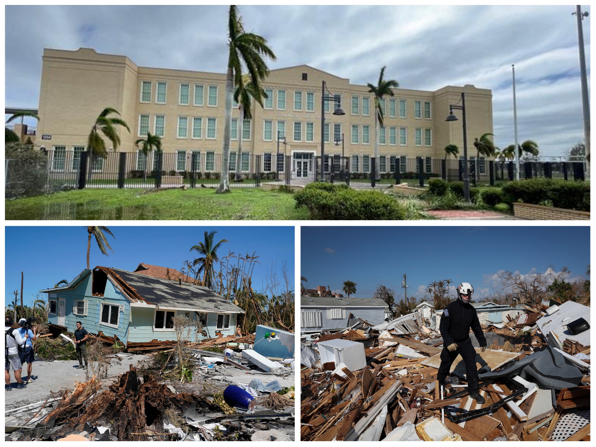 <p>Above: Charlotte High School in Punta Gorda needed to be rebuilt after Hurricane Charley, but has withstood Hurricane Ian. Below: Damage from the storm has been extensive on Sanibel Island and Fort Myers Beach</p>