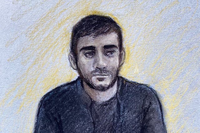 <p>Court artist sketch by Elizabeth Cook of Jaswant Singh Chail, from Southampton, appearing via video link at Westminster Magistrates’ Court, in London, where he is charged under the Treason Act (Elizabeth Cook/PA)</p>