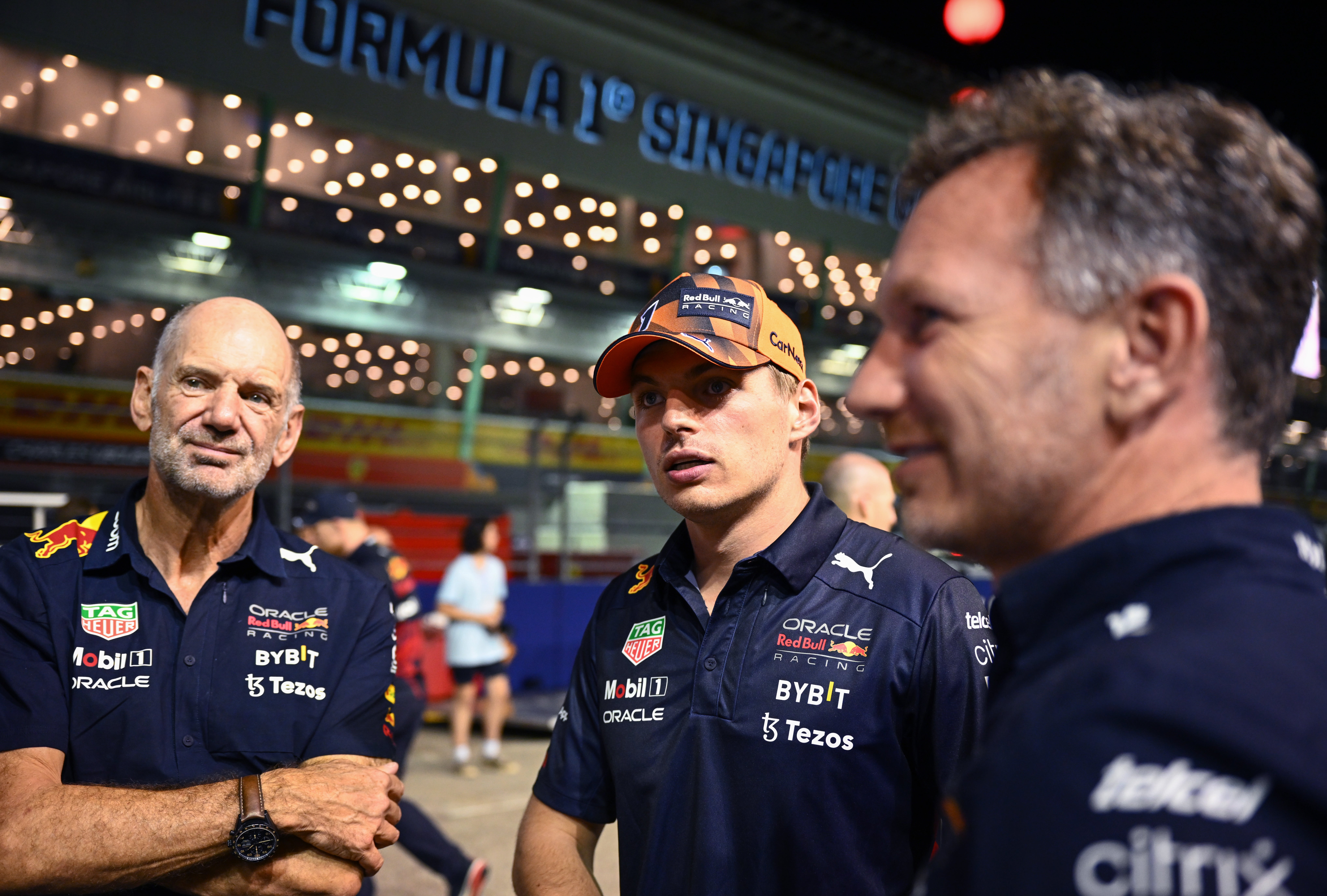 Defending F1 champion Max Verstappen (centre) with Red Bull’s Christian Horner (right) and Adrian Newey