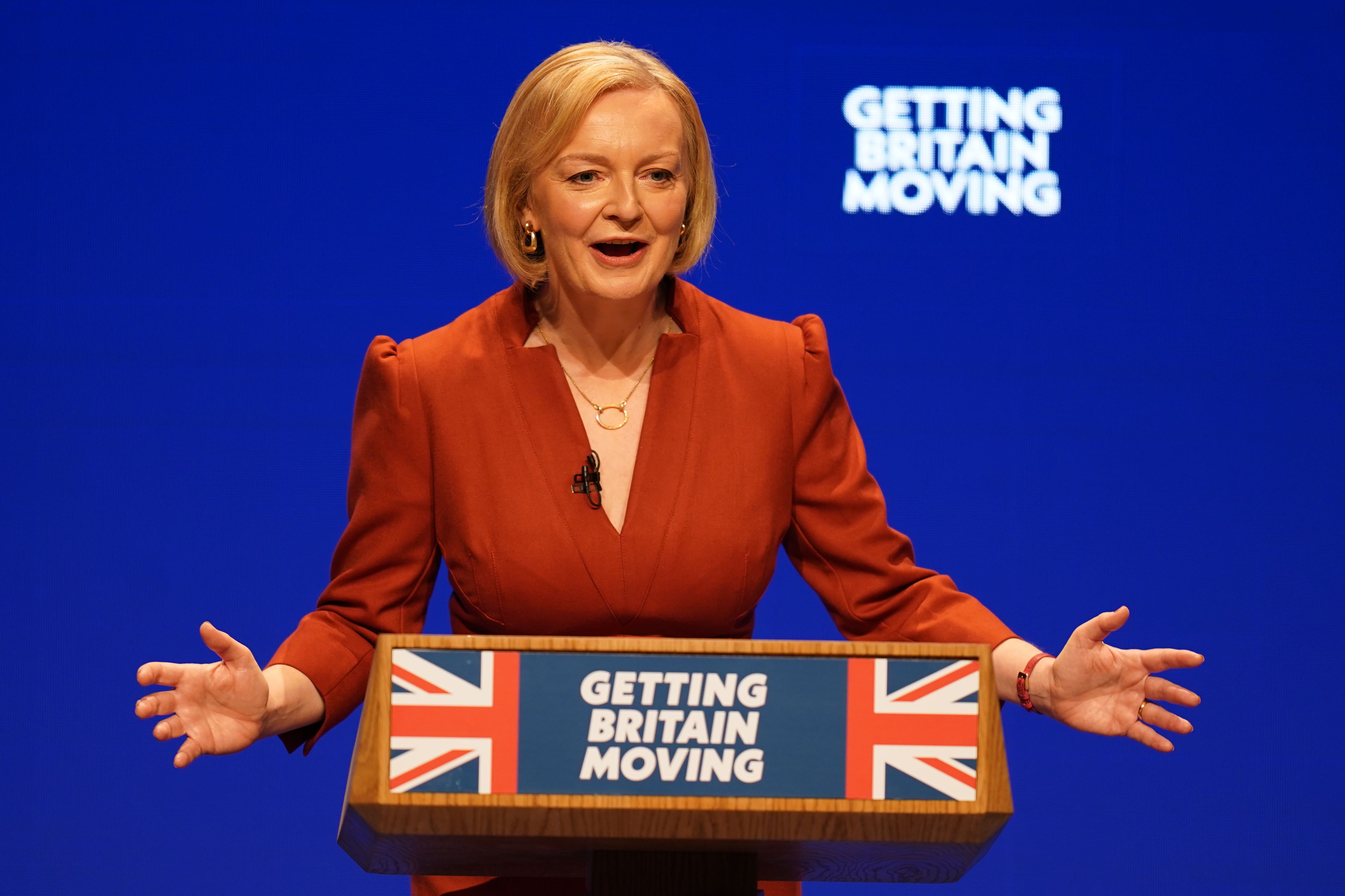 Prime Minister Liz Truss delivers her keynote speech at the Conservative Party annual conference at the International Convention Centre in Birmingham (Jacob King/PA)