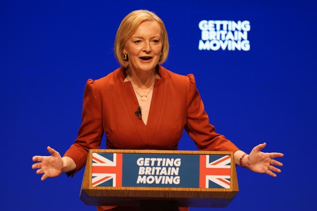 <p>Prime Minister Liz Truss delivers her keynote speech at the Conservative Party annual conference at the International Convention Centre in Birmingham (Jacob King/PA)</p>
