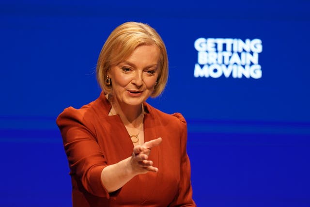 Prime Minister Liz Truss delivers her keynote speech at the Conservative Party annual conference at the International Convention Centre in Birmingham (Jacob King/PA)