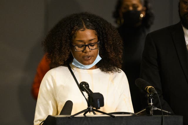 <p>Chyna Whitaker, mother of Daunte Wright Jr., reads a letter to Daunte Wright during a press conference on April 23, 2021 in Minneapolis, Minnesota</p>