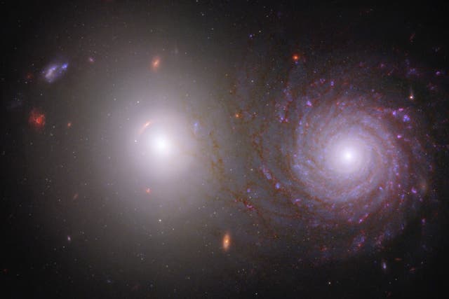 <p>A galaxy pair as imaged by both the Hubble and James Webb space telescopes</p>