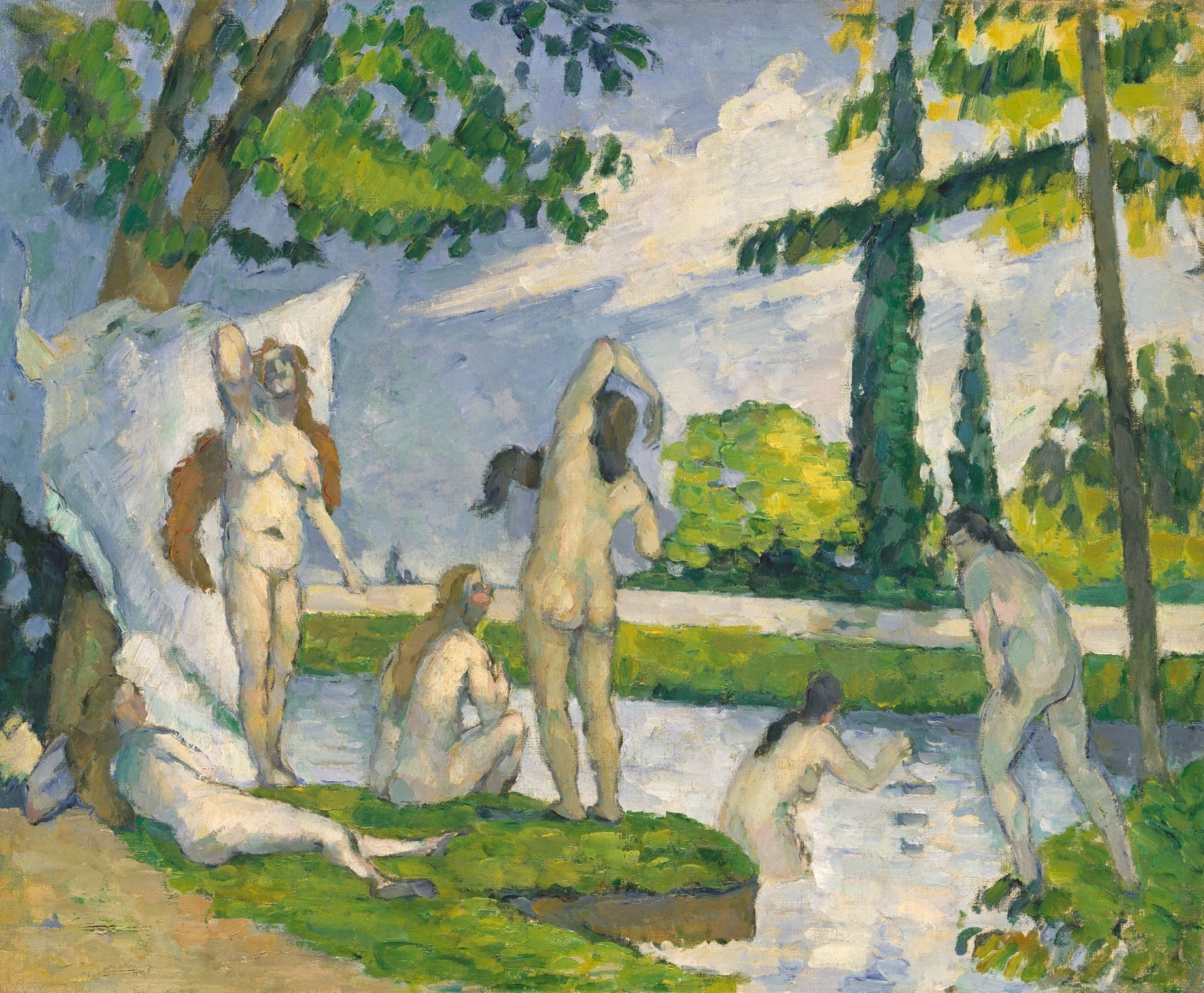 ‘Bathers’, 1874-75, is one of Cezanne’s first paintings of a subject that engaged him for the rest of his career