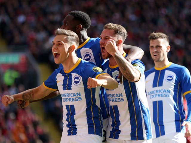 <p>Brighton midfielder Leandro Trossard scored a hat-trick at Anfield</p>