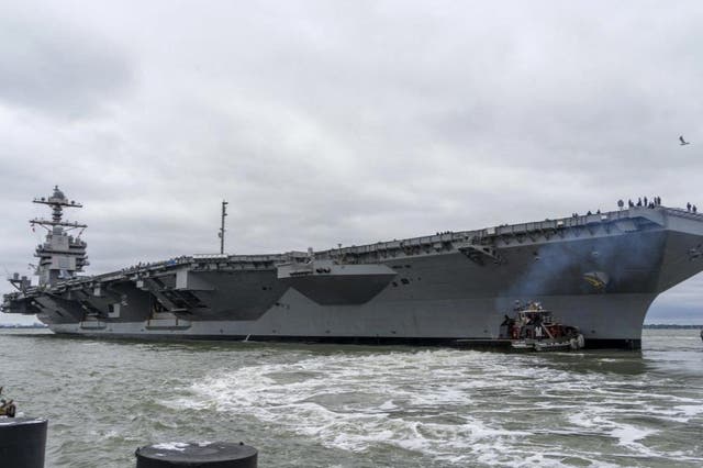 <p>USS Gerald R Ford-class aircraft carrier USS Gerald R. Ford (CVN 78) departing Naval Station Norfolk, Virginia on 4 October 2022</p>
