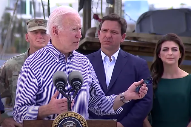 <p>President Joe Biden speaks in Fort Myers Beach, Florida on Wednesday as Governor Ron DeSantis looks on</p>