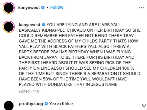 Kanye West’s Instagram in response to former sister-in-law Khloe Kardashian