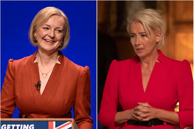 <p>Liz Truss (left) and Emma Thompson in the BBC series ‘Years and Years’ (right) </p>