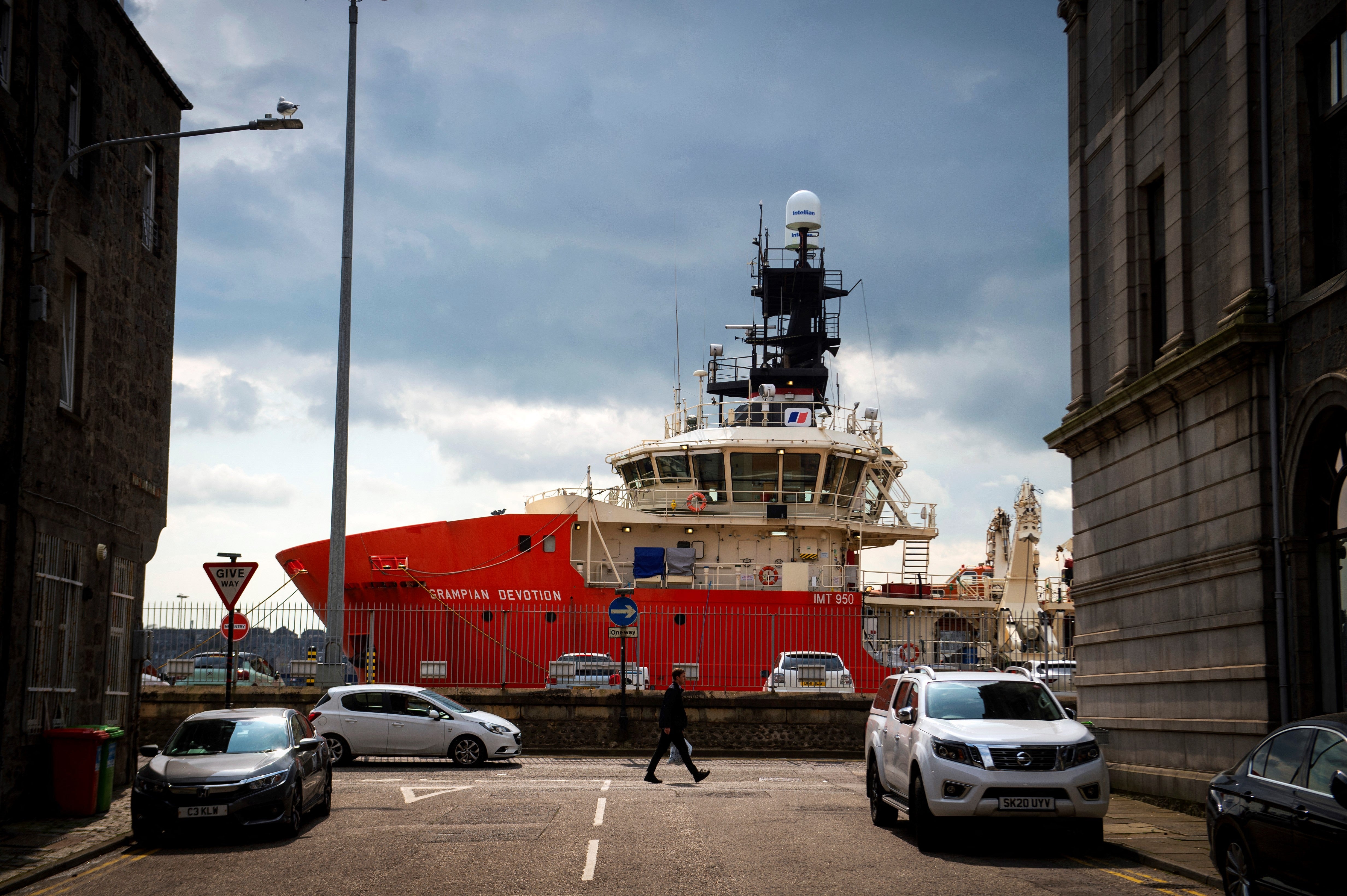 A photograph taken in April shows a supply vessel used in the oil, gas and renewable energy industry, docked at the Aberdeen Harbour, in Scotland.